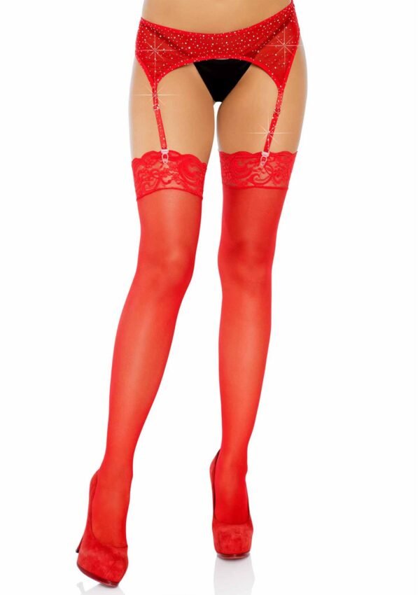 85004_RED_01 Leg Avenue | Nylon Sheer Thigh Highs with Lace Top