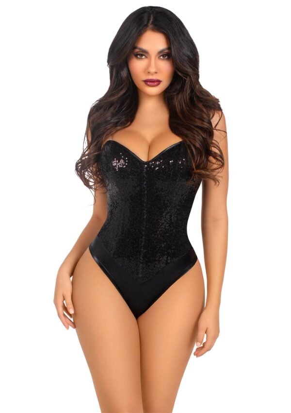 88218_BLACK_01 Leg Avenue | Sequin Boned Crotch Bodysuit