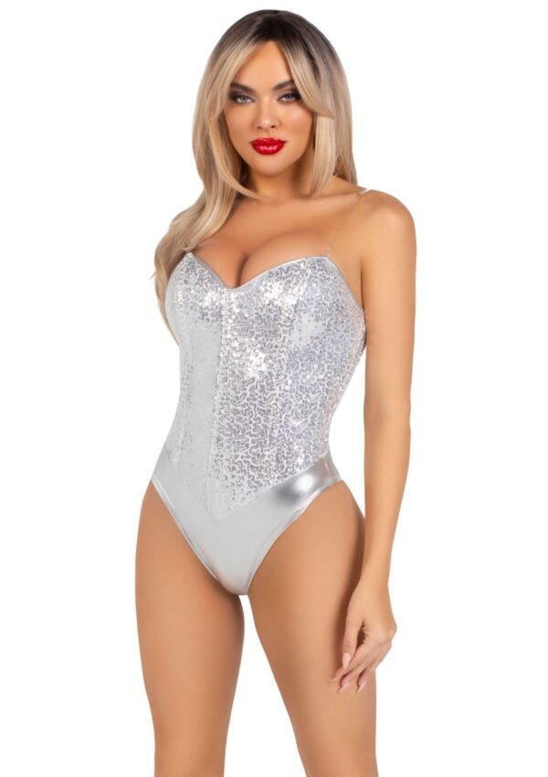 88218_SILVER_01 Leg Avenue | Sequin Boned Crotch Bodysuit