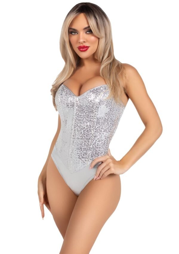 88218_SILVER_02 Leg Avenue | Sequin Boned Crotch Bodysuit