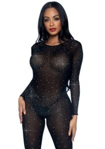 88225_BLACK_01 Leg Avenue | Sheer Rhinestone Catsuit