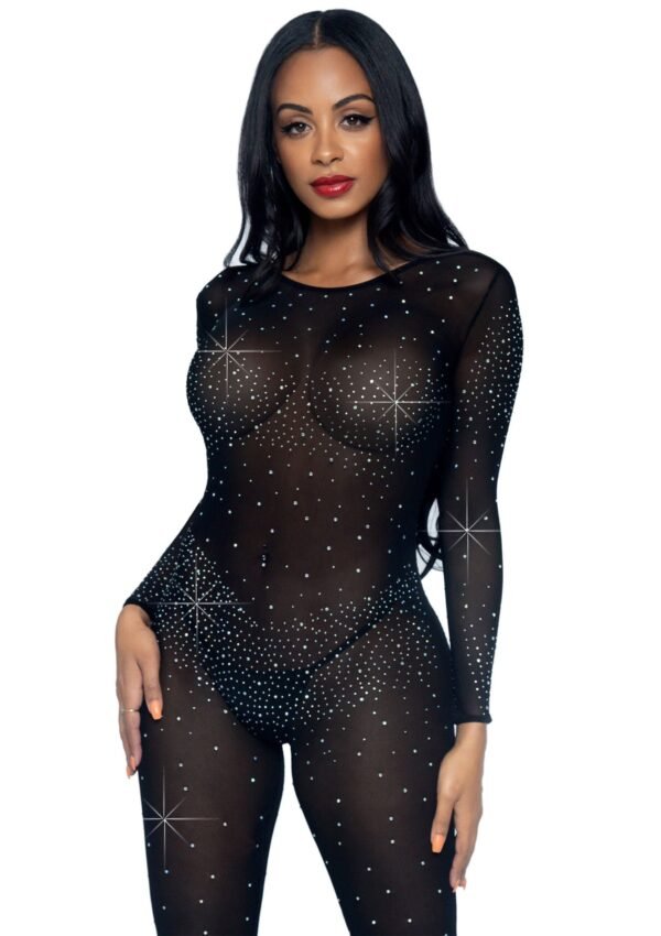 88225_BLACK_01 Leg Avenue | Sheer Rhinestone Catsuit