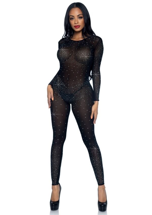 88225_BLACK_04 Leg Avenue | Sheer Rhinestone Catsuit