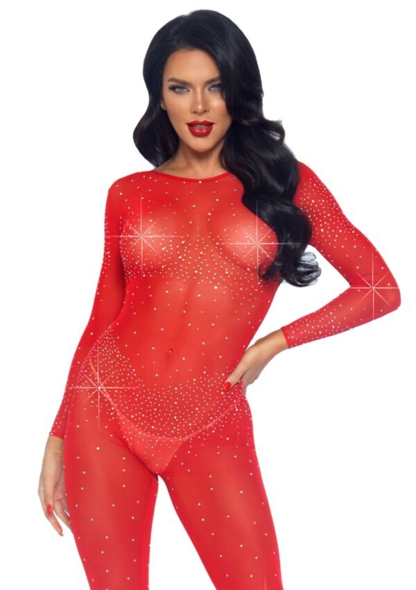 88225_RED_01 Leg Avenue | Sheer Rhinestone Catsuit