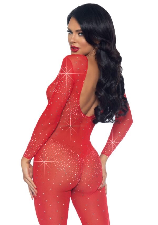 88225_RED_02 Leg Avenue | Sheer Rhinestone Catsuit