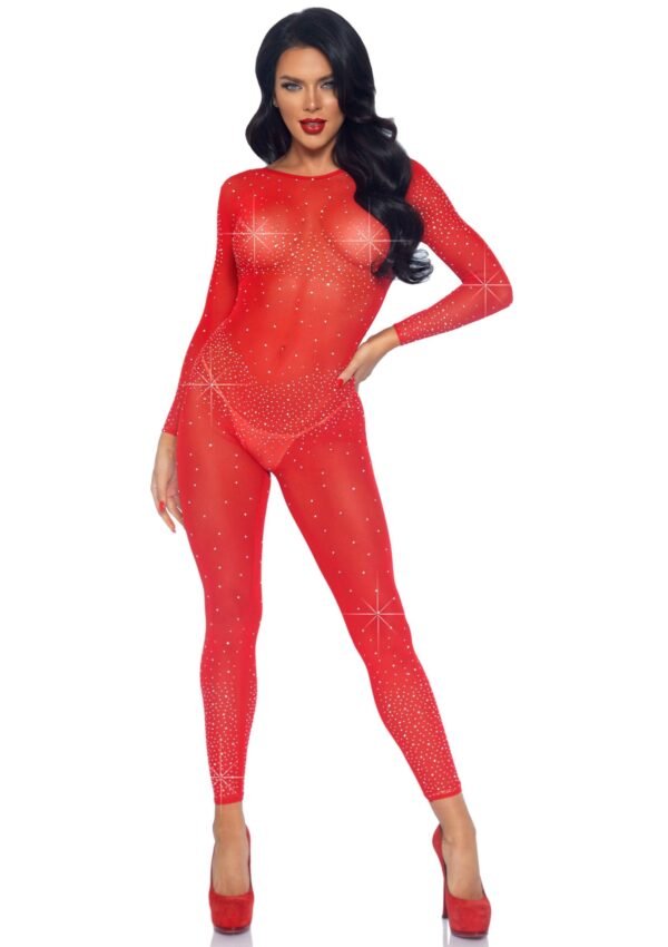 88225_RED_04 Leg Avenue | Sheer Rhinestone Catsuit
