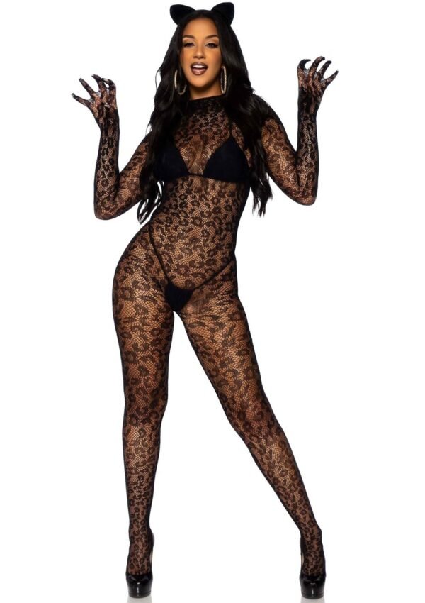 88262_BLACK_03 Leg Avenue | Leopard Net Gloved Catsuit