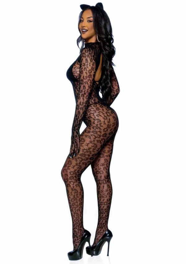 88262_BLACK_04 Leg Avenue | Leopard Net Gloved Catsuit